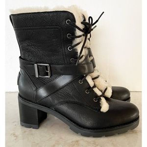 UGG Black Leather Fur-Lined Lace-Up Ankle Boots 7 NWT